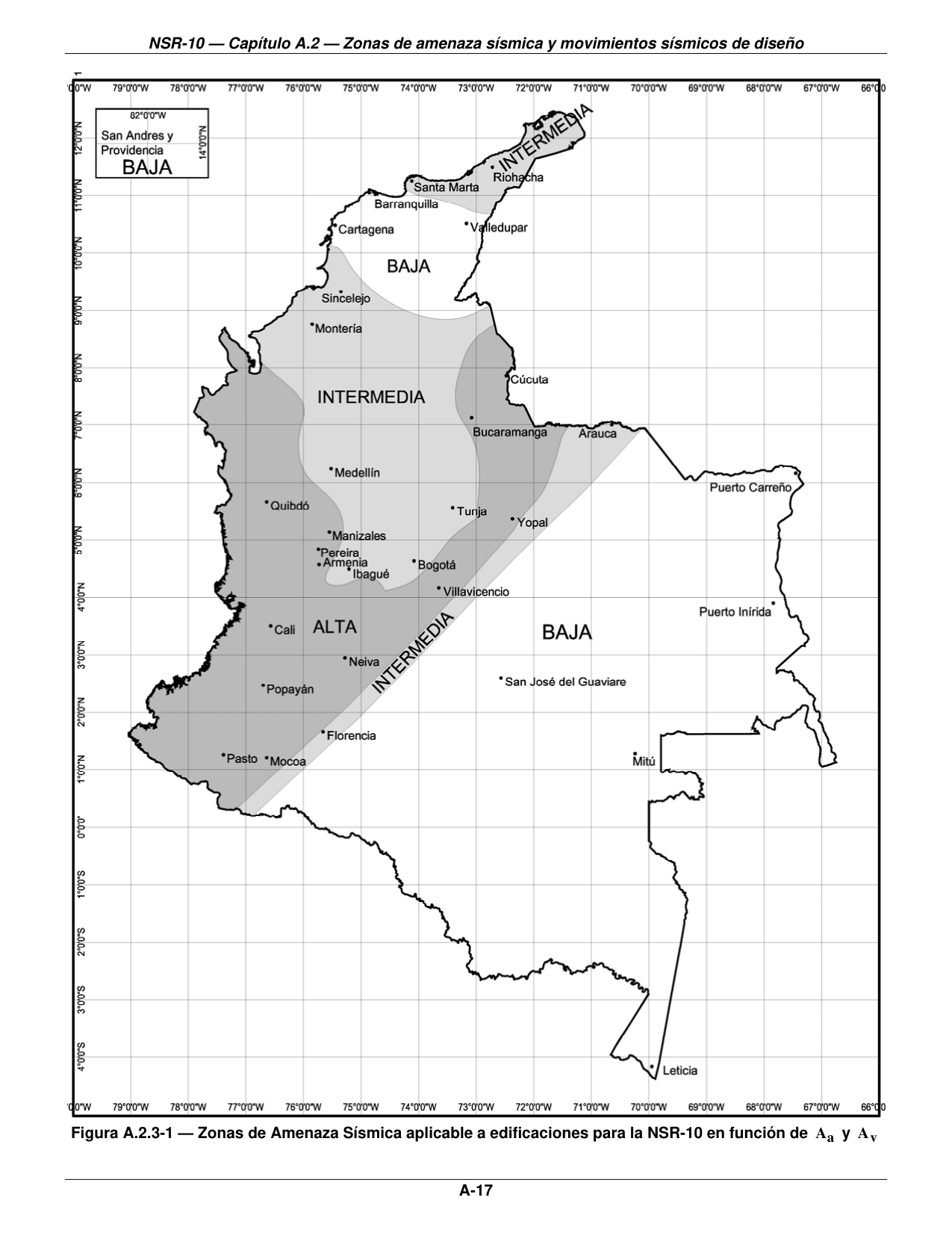 Figura A.2.3-1 — Zonas de Amenaza Sísmica aplicable a edificaciones para la NSR-10 en función de Aa y Av — página original del PDF