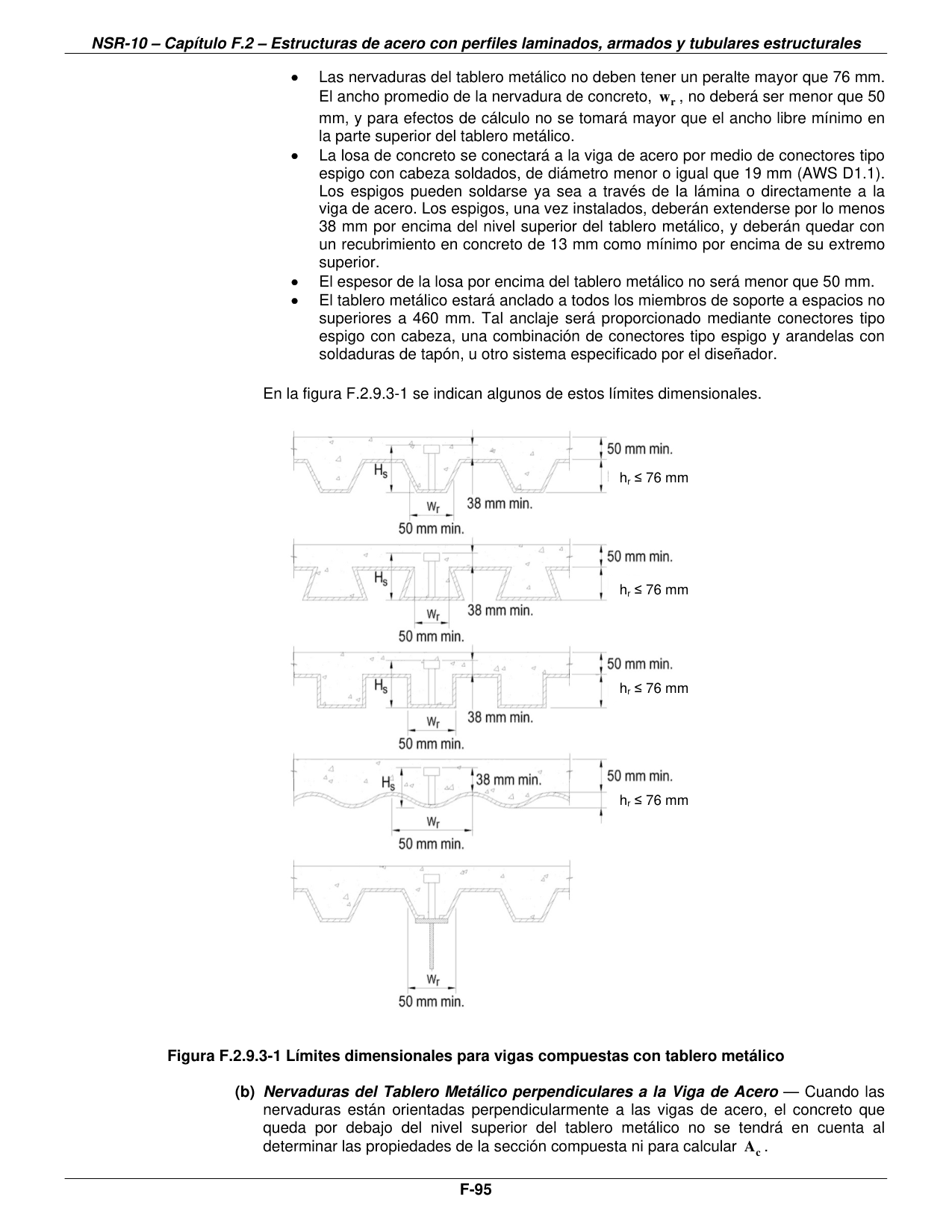 Figura F.2.9.3-1 — Límites dimensionales para vigas compuestas con tablero metálico — página original del PDF