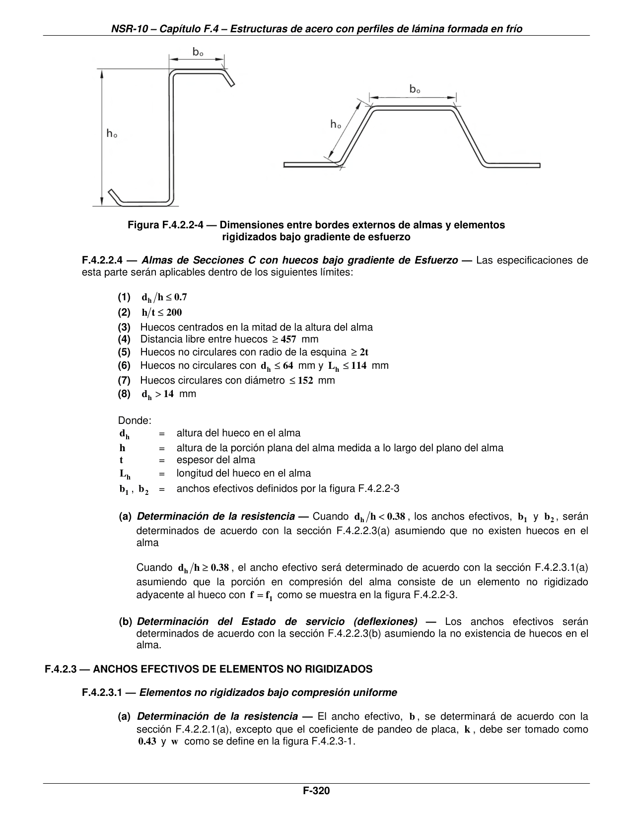 Figura F.4.2.2-4 — Dimensiones entre bordes externos de almas y elementos rigidizados bajo gradiente de esfuerzo — página original del PDF