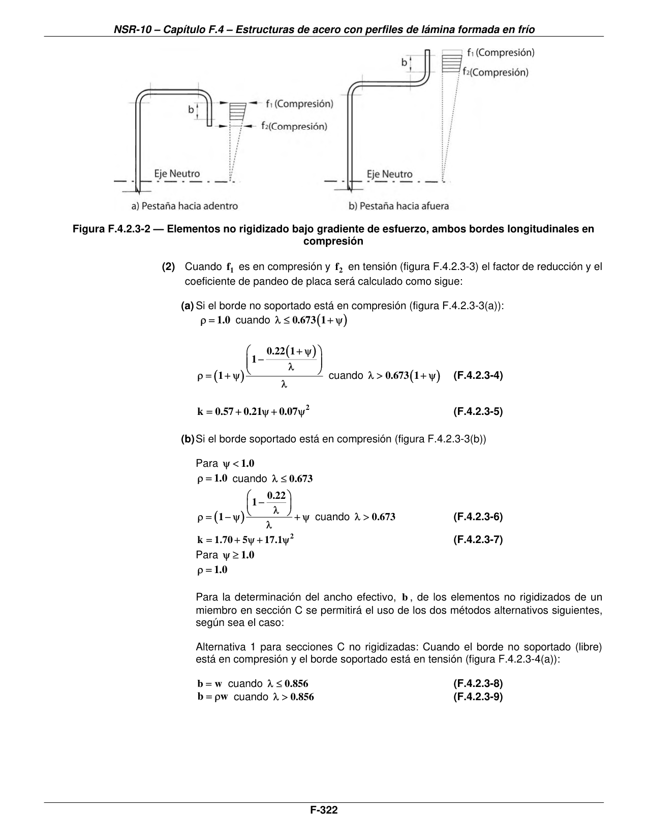 Figura F.4.2.3-2 — Elementos no rigidizado bajo gradiente de esfuerzo, ambos bordes longitudinales en compresión — página original del PDF