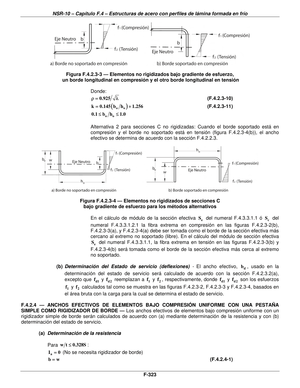 Figura F.4.2.3-3 — Elementos no rigidizados bajo gradiente de esfuerzo, un borde longitudinal en compresión y el otro borde longitudinal en tensión — página original del PDF