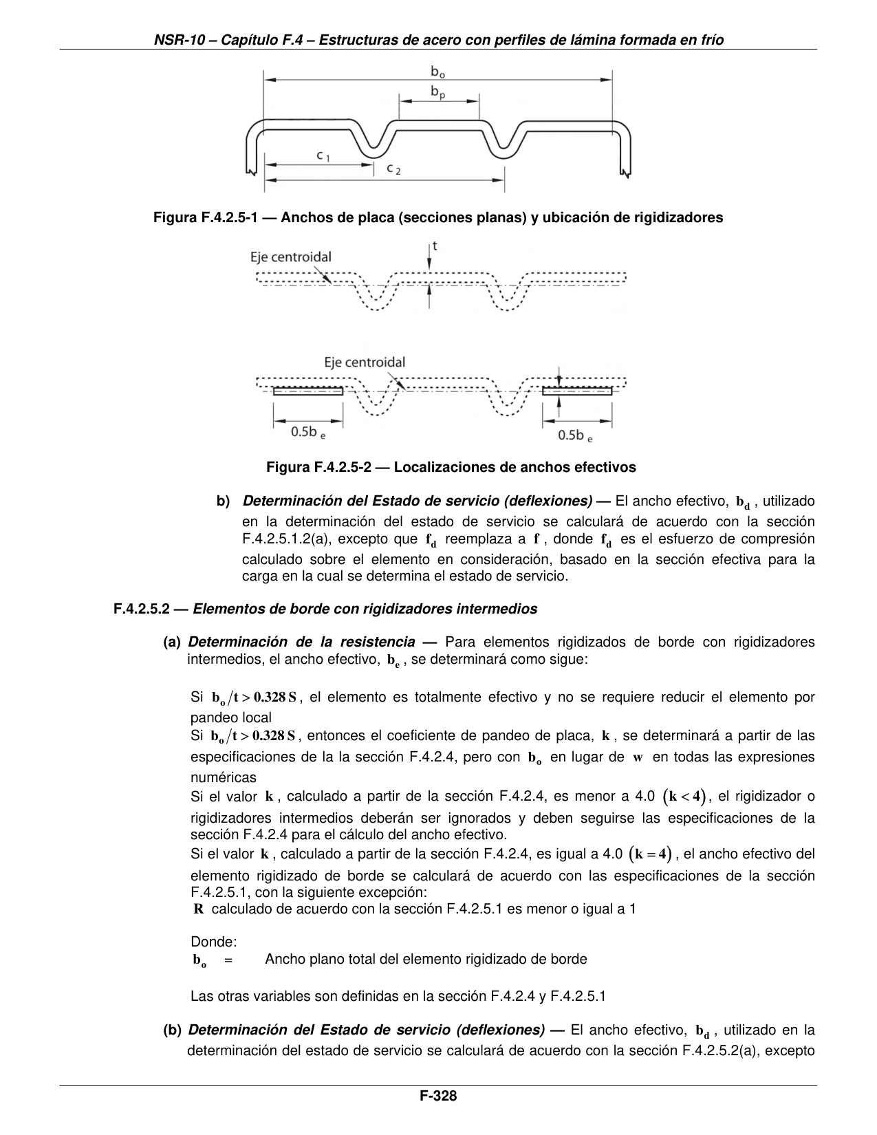 Figura F.4.2.5-1 — Anchos de placa (secciones planas) y ubicación de rigidizadores — página original del PDF