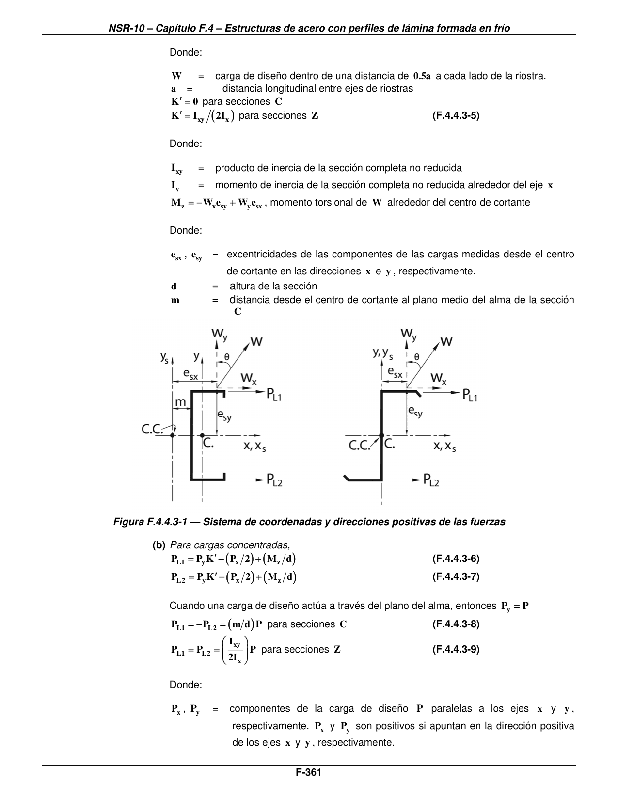 Figura F.4.4.3-1 — Sistema de coordenadas y direcciones positivas de las fuerzas — página original del PDF