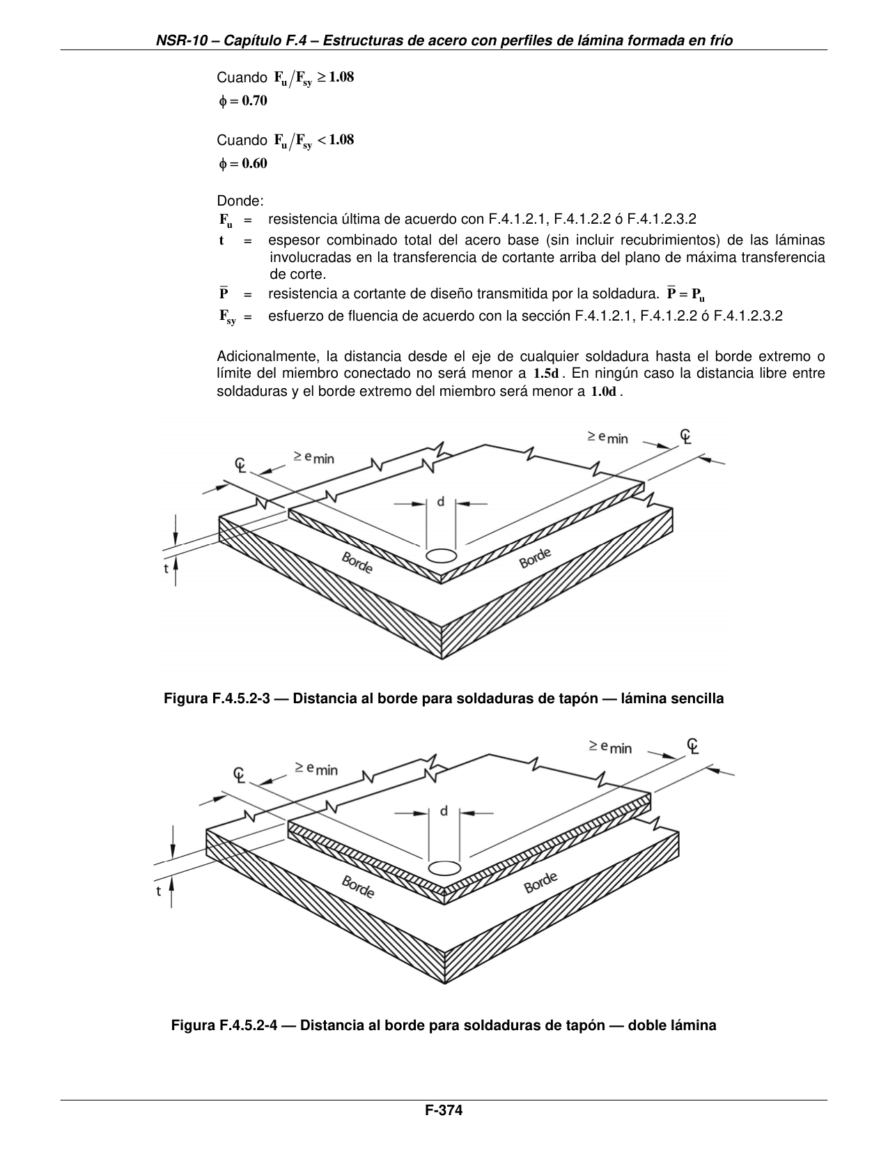 Figura F.4.5.2-3 — Distancia al borde para soldaduras de tapón — lámina sencilla — página original del PDF