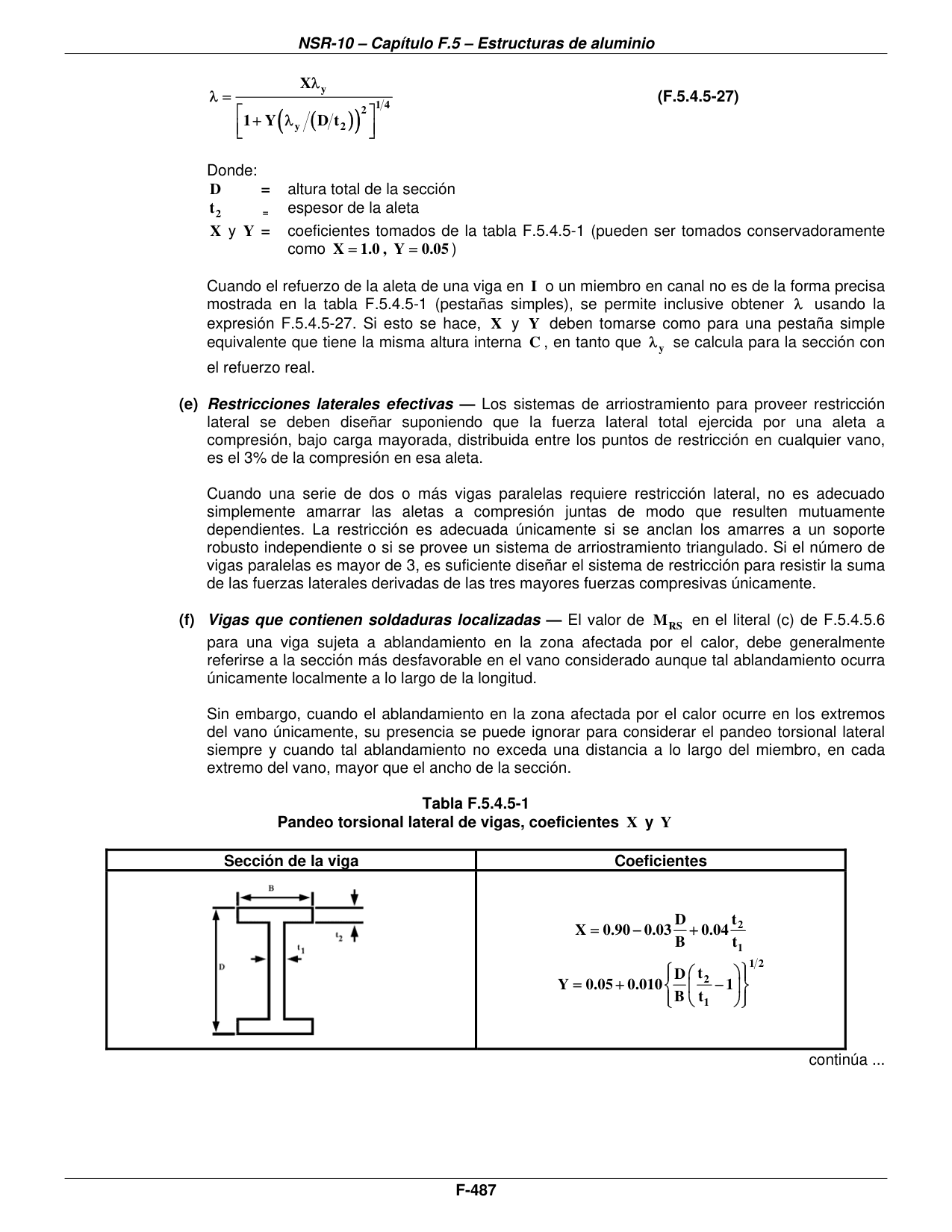 Tabla F.5.4.5-1 — Pandeo torsional lateral de vigas, coeficientes X y Y — página original del PDF