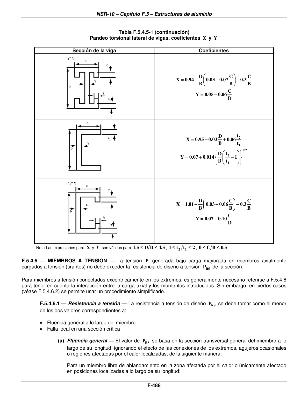 Tabla F.5.4.5-1 — Pandeo torsional lateral de vigas, coeficientes X y Y — página original del PDF